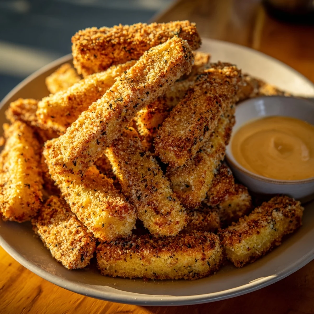 Freshly baked, golden Crispy Parmesan Zucchini Fries, alongside a vibrant herb-filled dipping sauce.