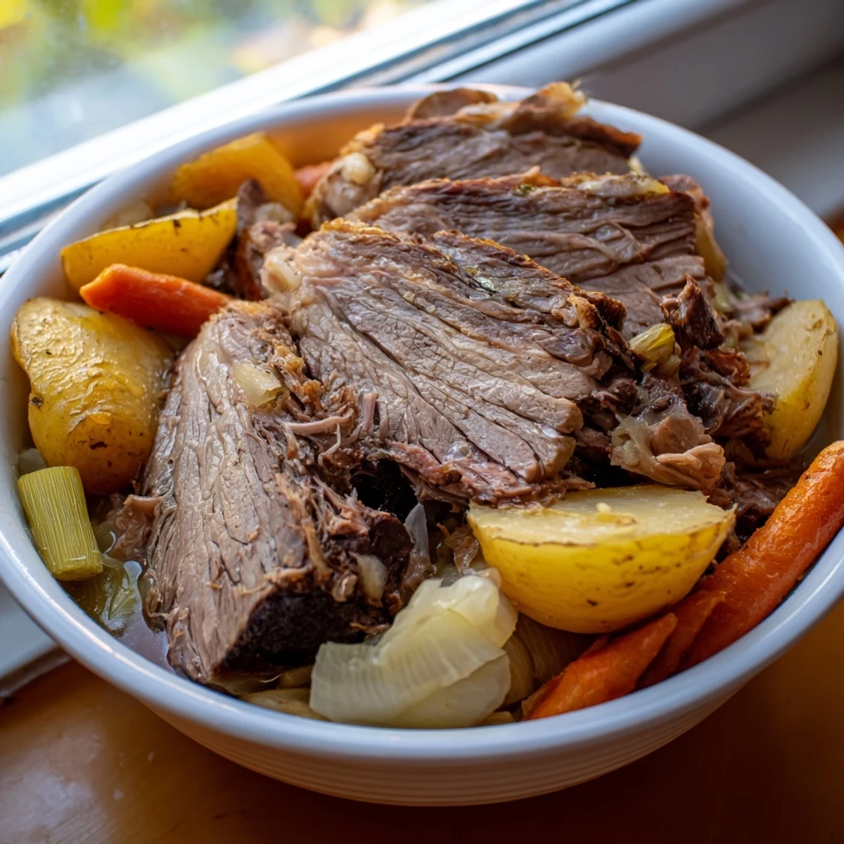 Close-up of a steaming Slow-Roasted Beef Pot Roast, overflowing with carrots and potatoes.