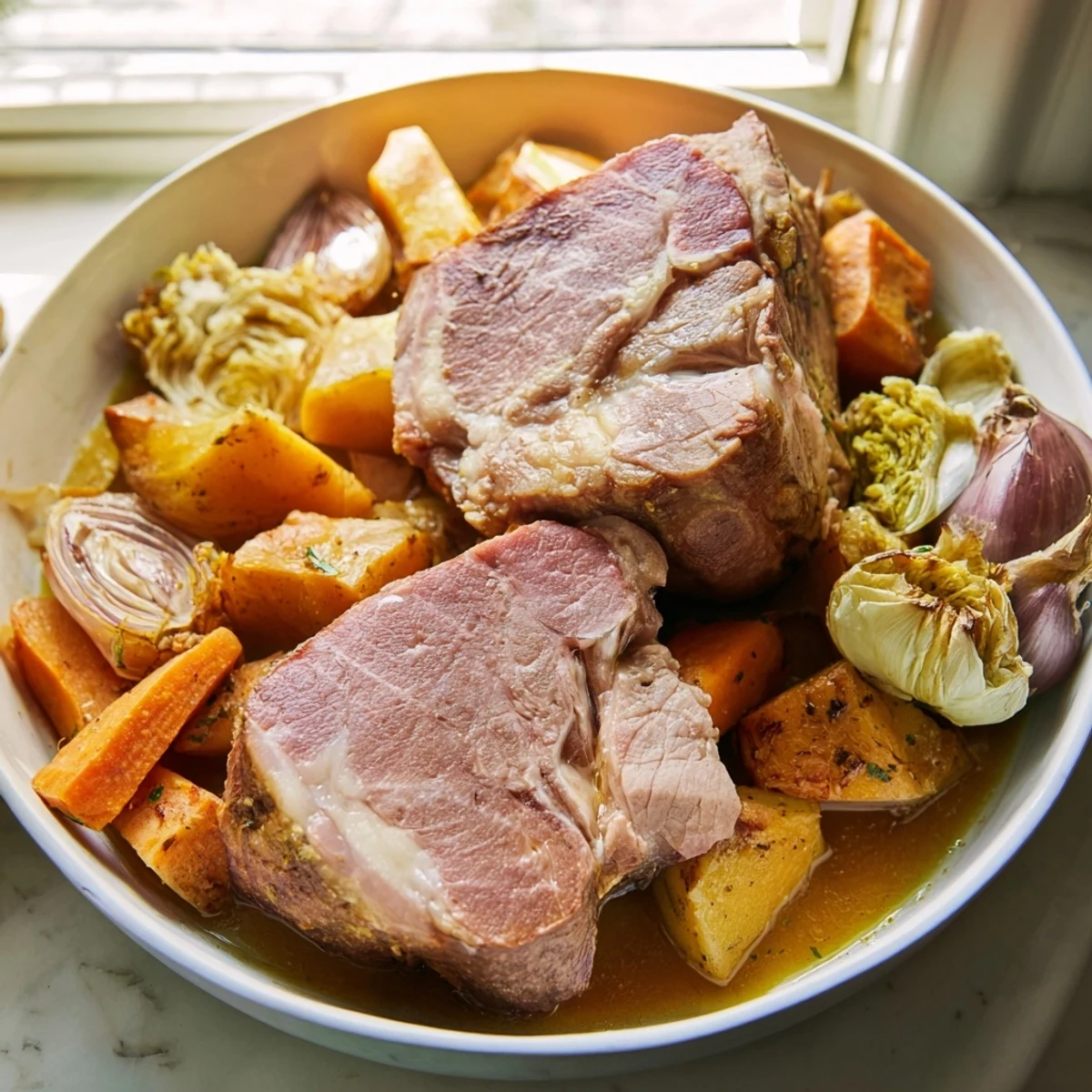 Savor the aroma and taste of a delicious Slow-Roasted Beef Pot Roast, perfect for dinner.