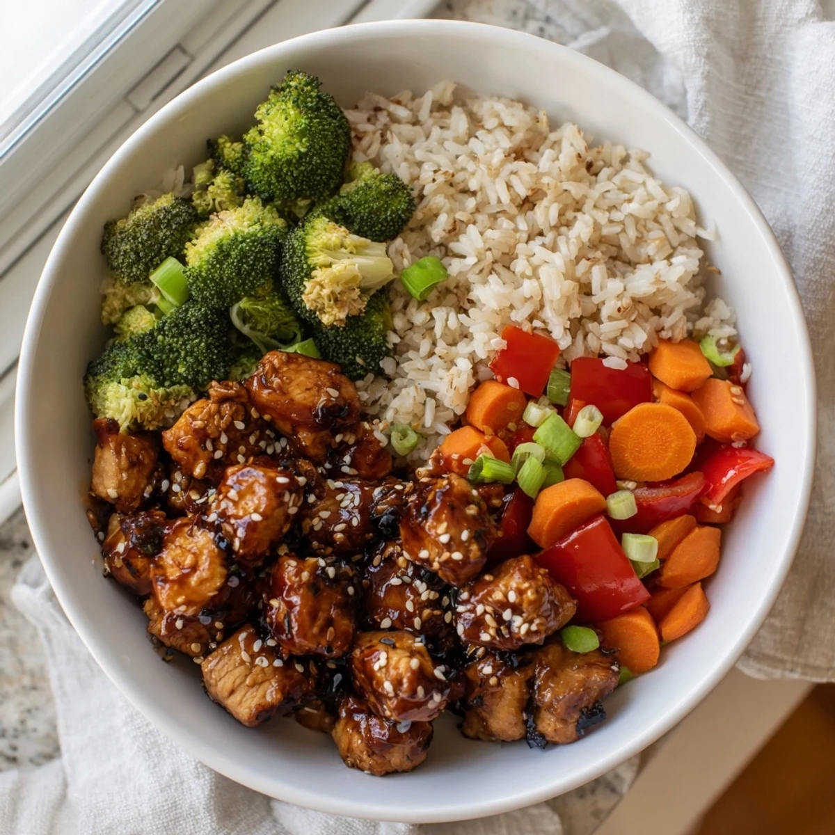 A close-up of a bubbling One-Pot Teriyaki Chicken and Rice Bake with colorful vegetables, ready to eat.