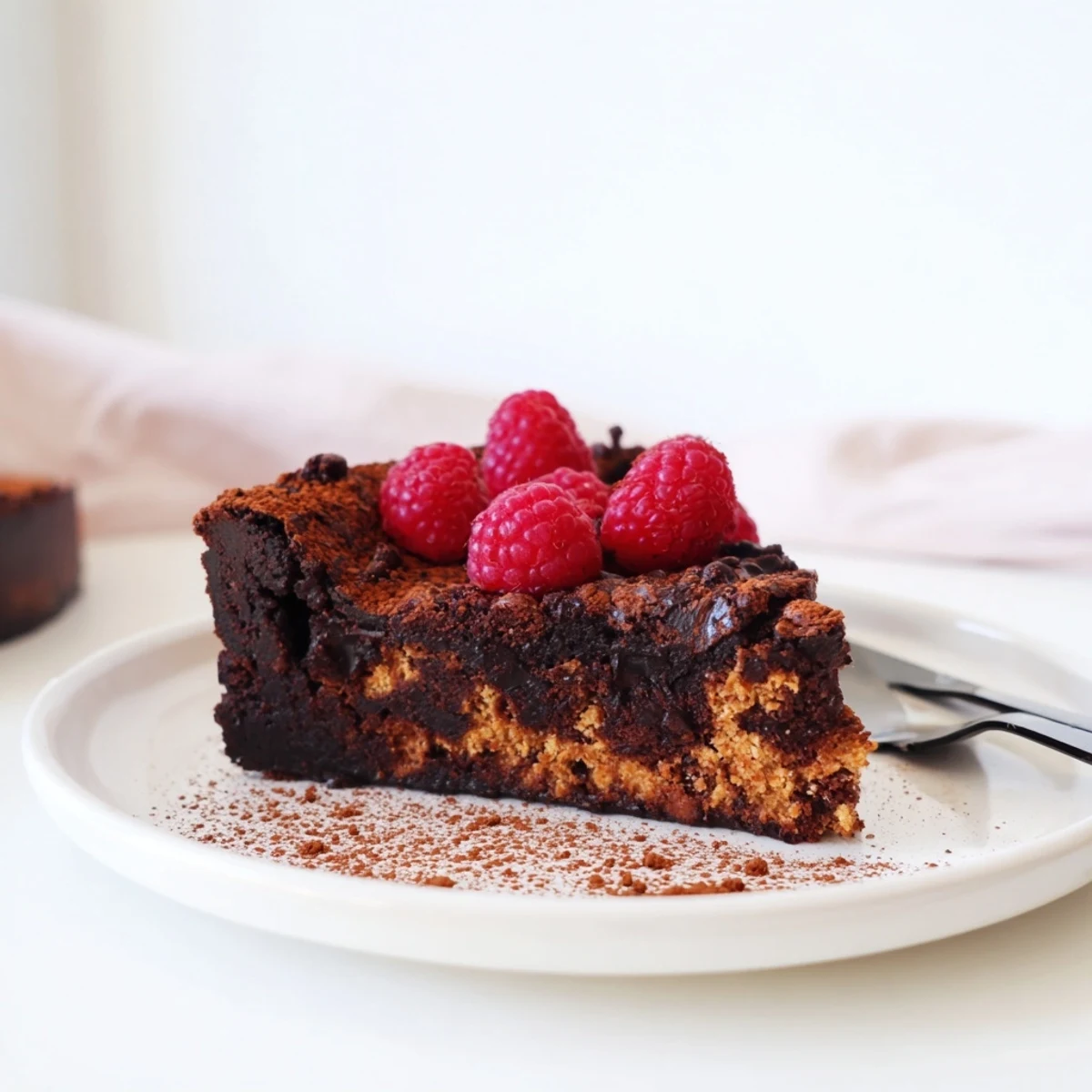 Decadent dark chocolate brownie tart with a dusting of cocoa, ready to serve this rich dessert.