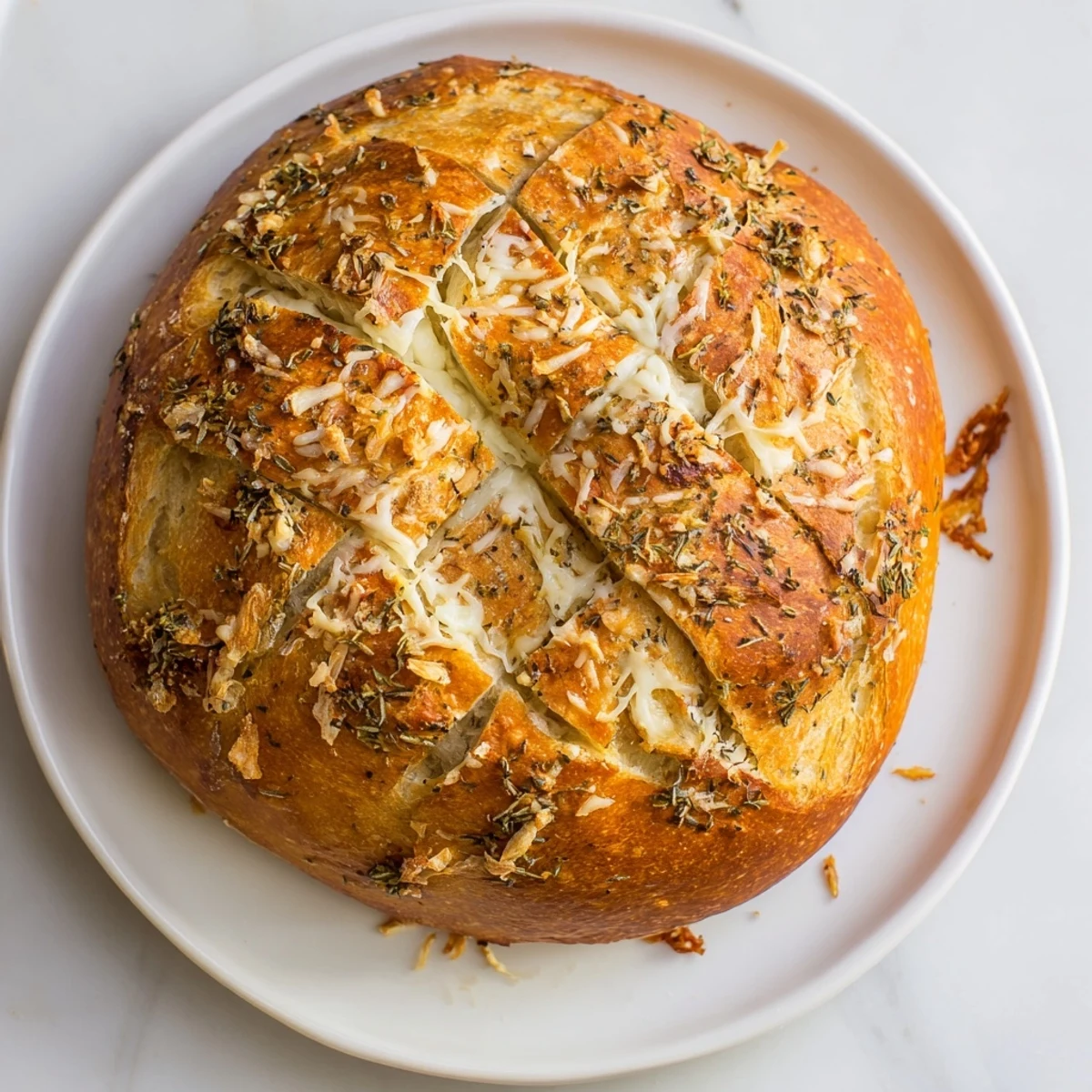 Freshly baked Cheesy Garlic Pull-Apart Bread, showcasing gooey cheese and herby garlic flavors in a rustic loaf.