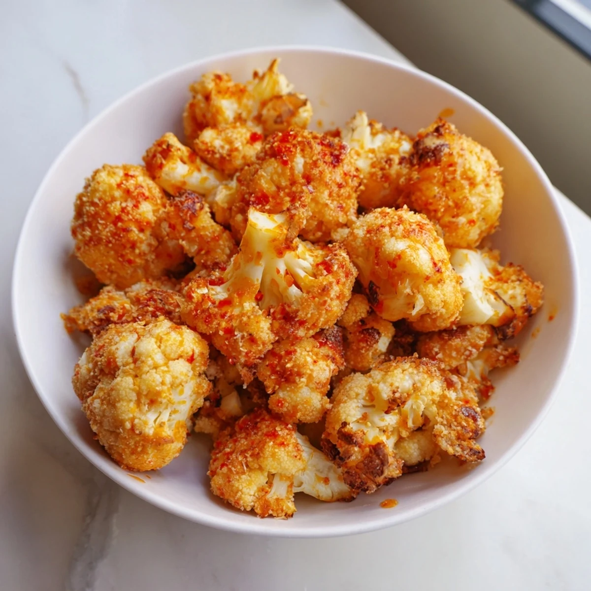 Golden, crispy Air-Fryer Buffalo Cauliflower Bites ready to be drizzled with flavorful, spicy sauce.