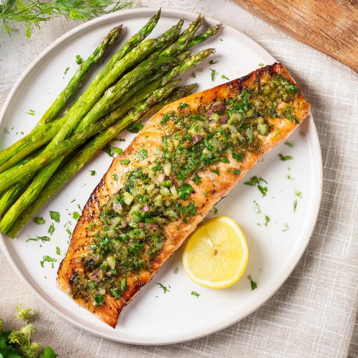 Savory Easy Herb-Crusted Salmon with Asparagus, golden brown and flaky, ready to serve with lemon.