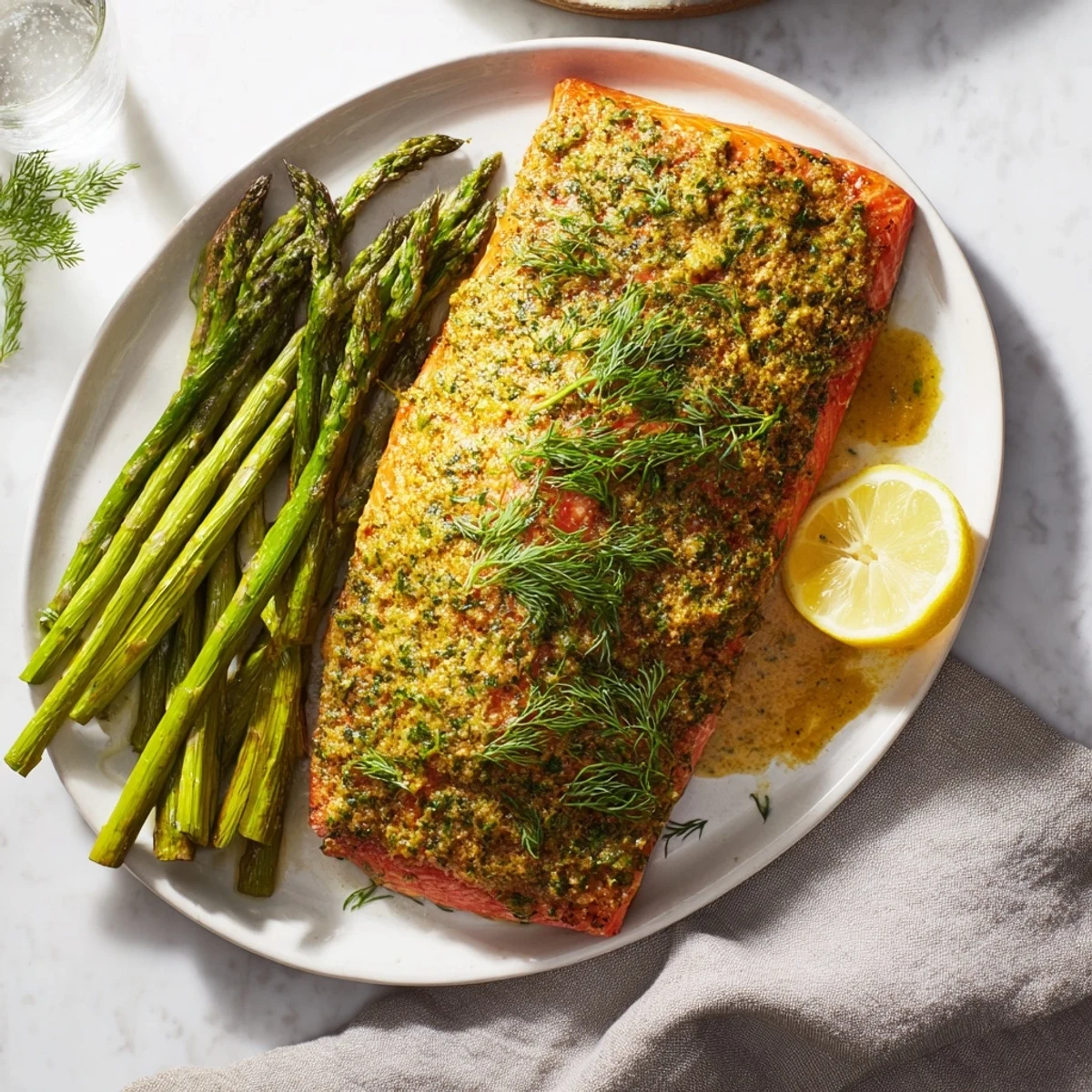 This delicious Easy Herb-Crusted Salmon, baked and tender, alongside grilled green asparagus spears.
