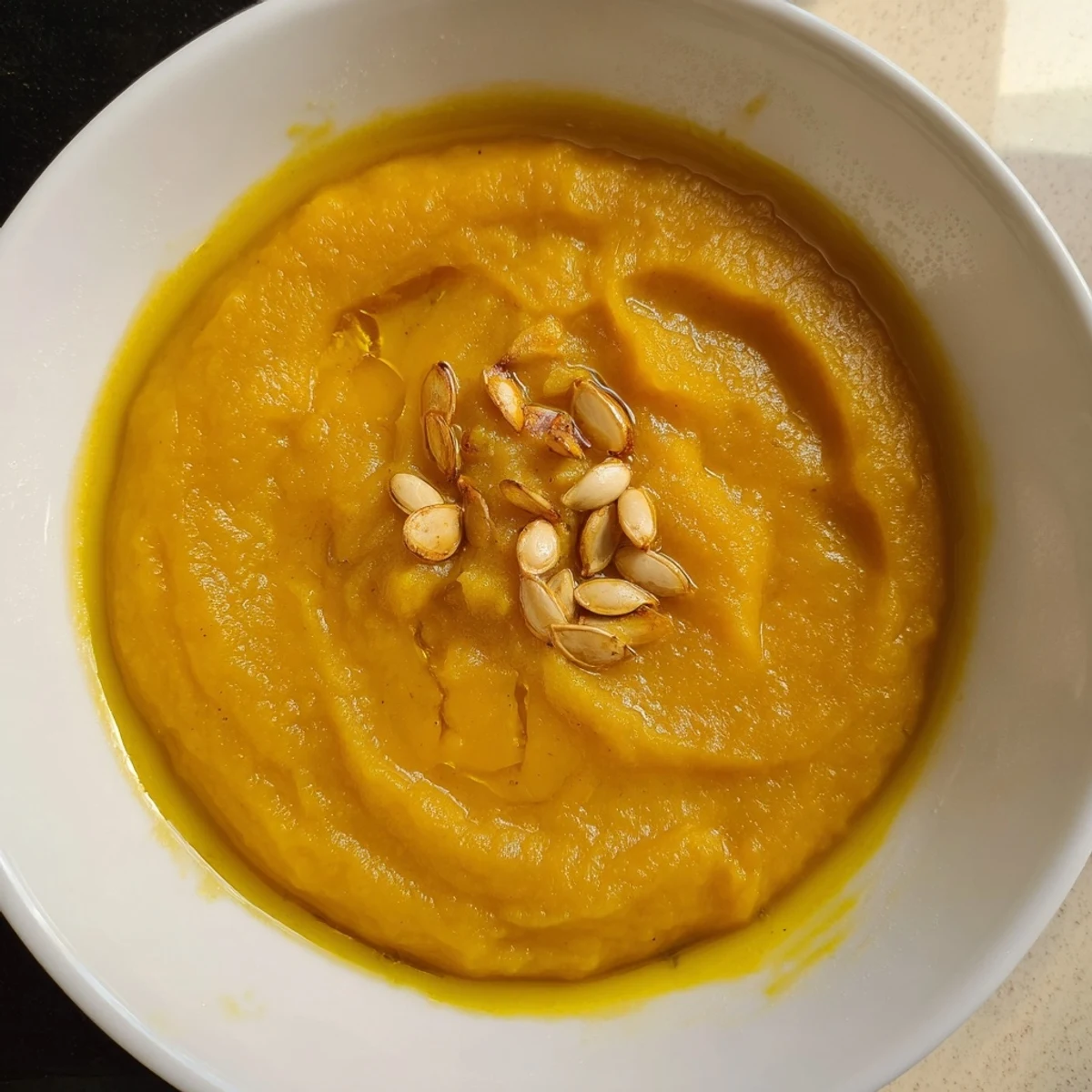 Golden-hued Creamy Roasted Pumpkin Soup garnished with crunchy toasted pumpkin seeds; a comforting fall dish.