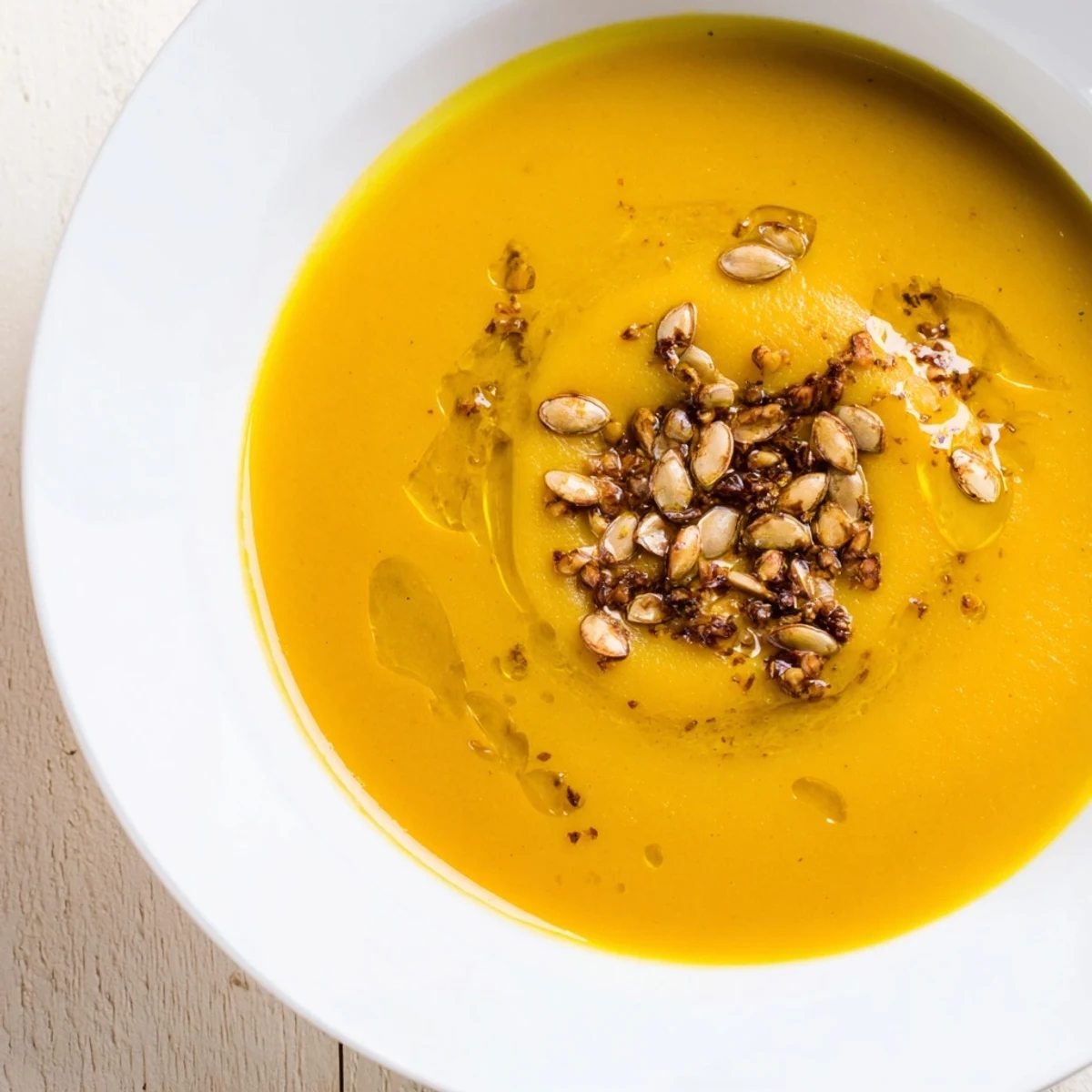 A close-up of steaming Creamy Roasted Pumpkin Soup, invitingly smooth, topped with toasted pepitas, ideal for cooler evenings.