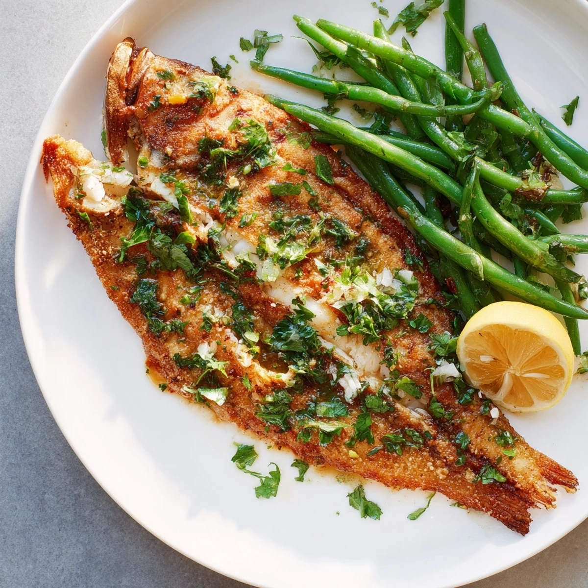 Golden-brown sheet pan lemon herb tilapia alongside vibrant, perfectly roasted green beans for dinner.