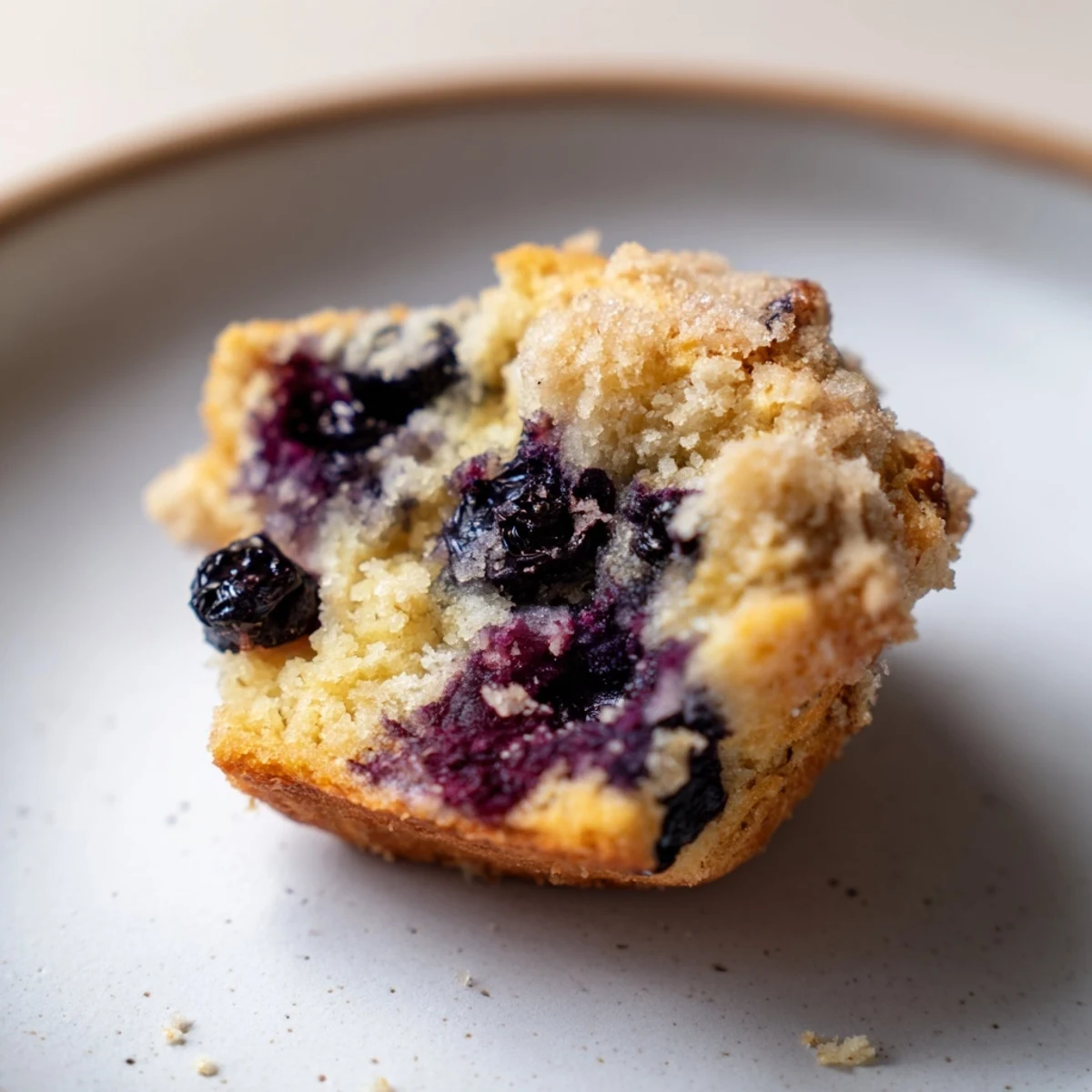 Close-up of a stack of fluffy homemade blueberry muffins, enticing aroma of warm berries and streusel.