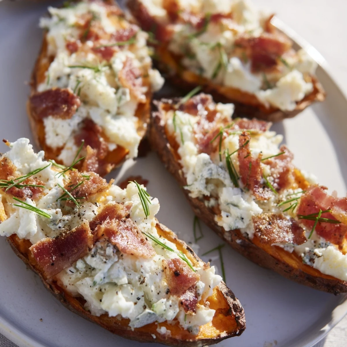 Golden-brown Loaded Sweet Potato Skins topped with bacon, chives, ready to eat for a delicious appetizer.