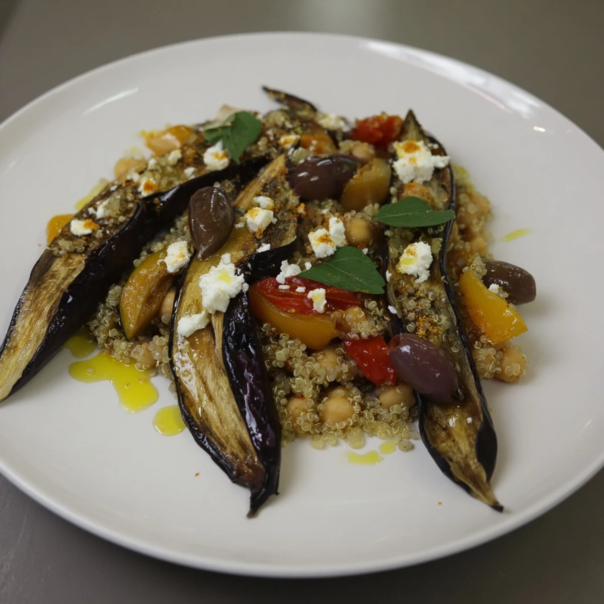 A close-up of a delicious Mediterranean Grain Bowl with roasted chickpeas, ready to enjoy.