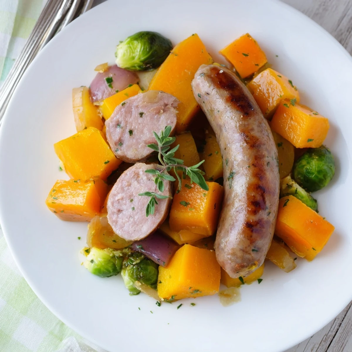 Golden-brown Hearty Sheet Pan Sausage and Autumn Veggie Medley, ready to serve with a sprinkle of fresh parsley.