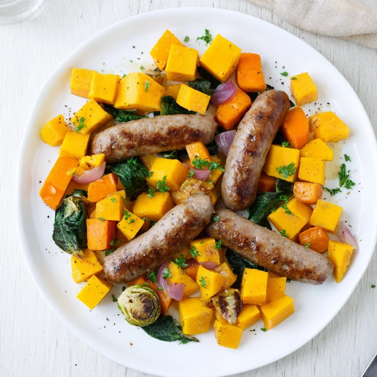 Hearty Sheet Pan Sausage and Autumn Veggie Medley, showcasing roasted sausages surrounded by colorful, tender vegetables.