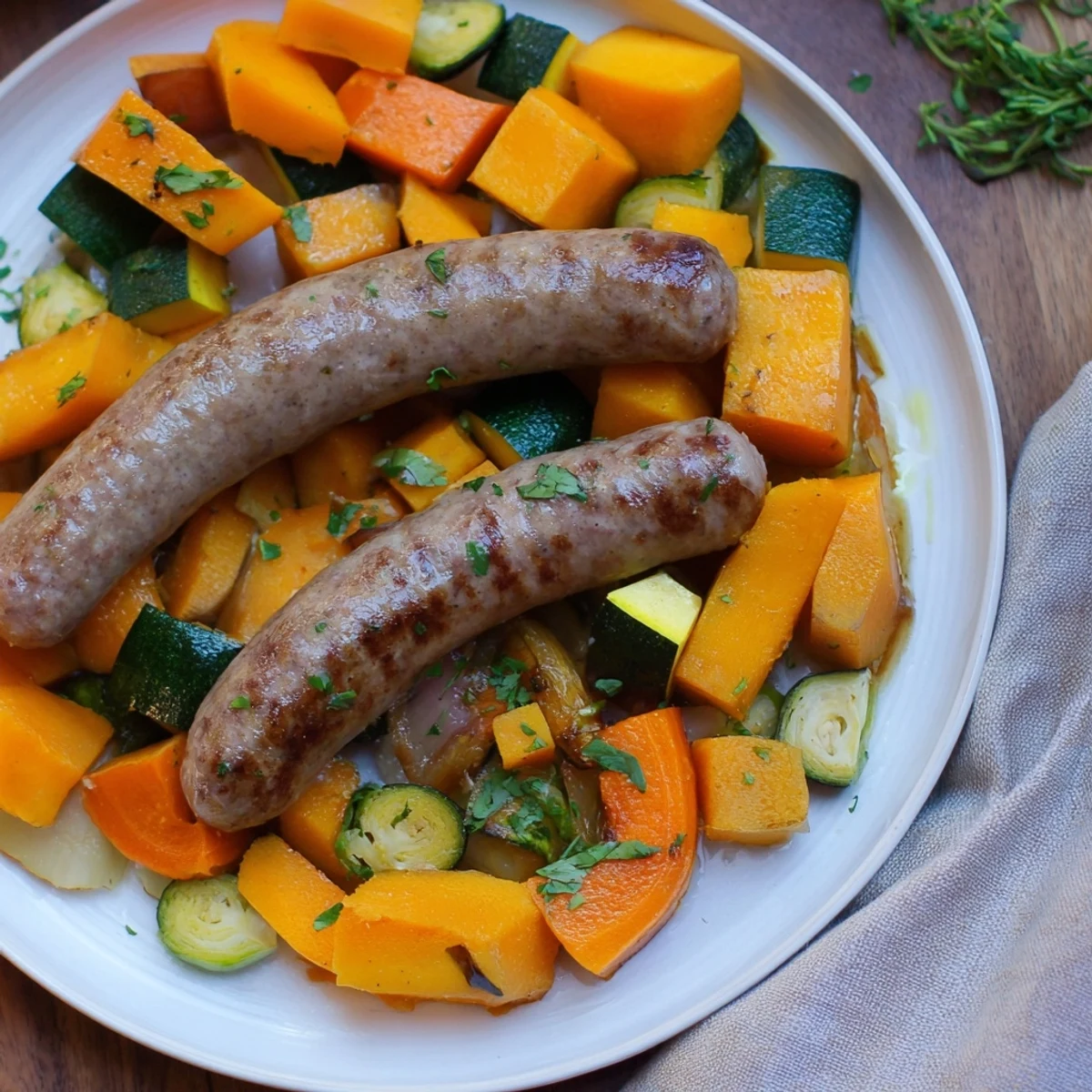 Vibrant image of Hearty Sheet Pan Sausage and Autumn Veggie Medley, a simple, delicious one-pan fall dinner.