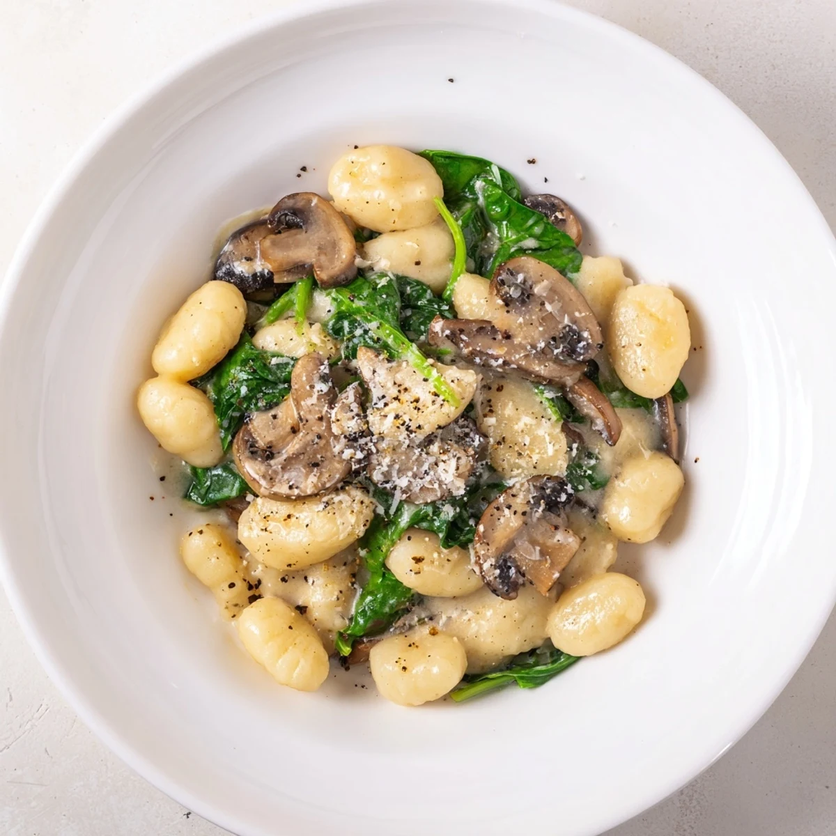 Creamy, golden One-Dish Mushroom and Spinach Gnocchi, ready and served with fresh Parmesan cheese.