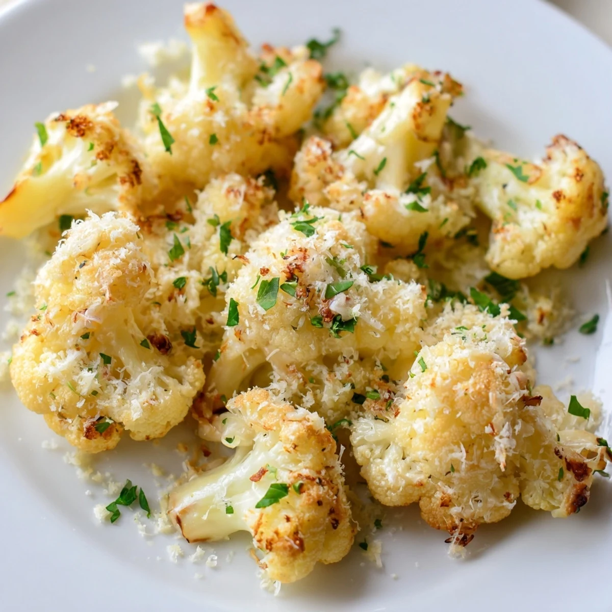 Golden, bubbly Cheesy Cauliflower Mac, a low-carb delight ready to serve with fresh parsley sprinkled.
