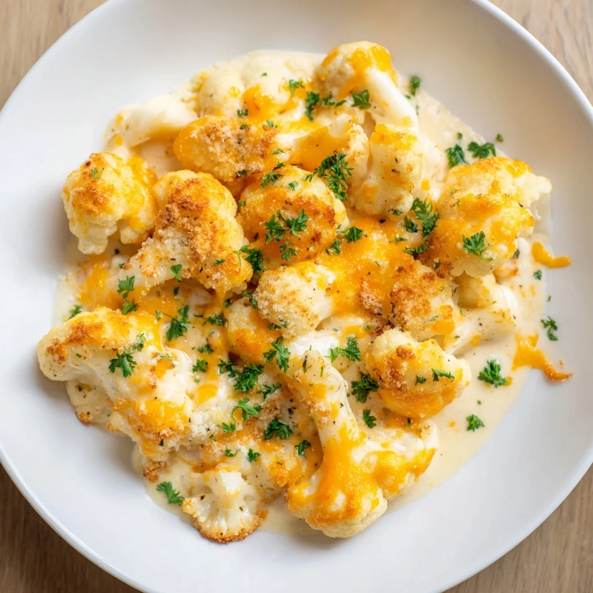 A baked dish of creamy Cheesy Cauliflower Mac with a golden cheesy topping, perfect comfort food.