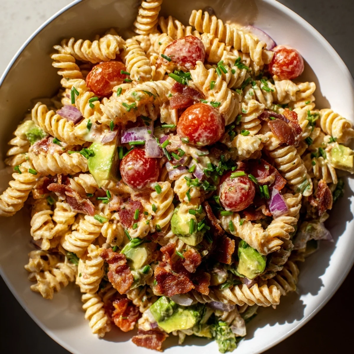 BLT Pasta Salad: a colorful image shows pasta coated in creamy dressing with bacon, tomatoes, and other veggies.