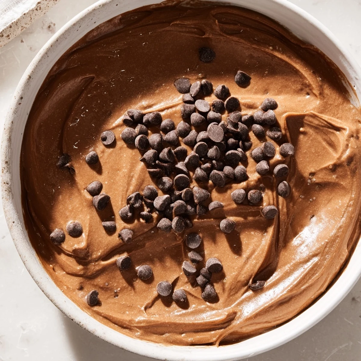 A close-up of creamy, chocolatey brownie batter dip ready to be scooped up.