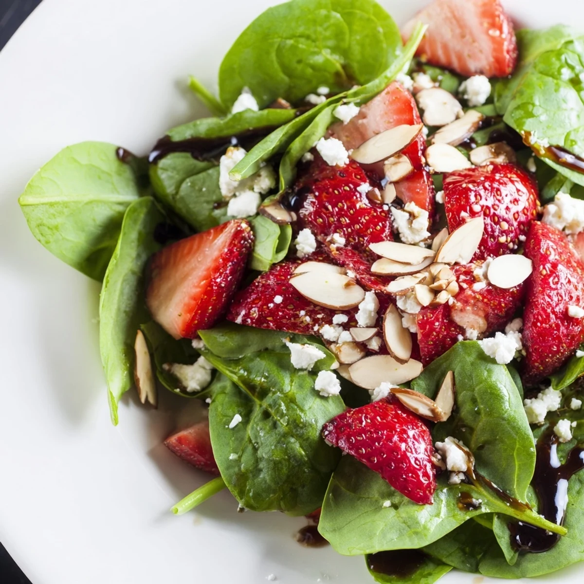 Bright red strawberries and creamy feta top a vibrant Strawberry Spinach Salad, a delicious treat.