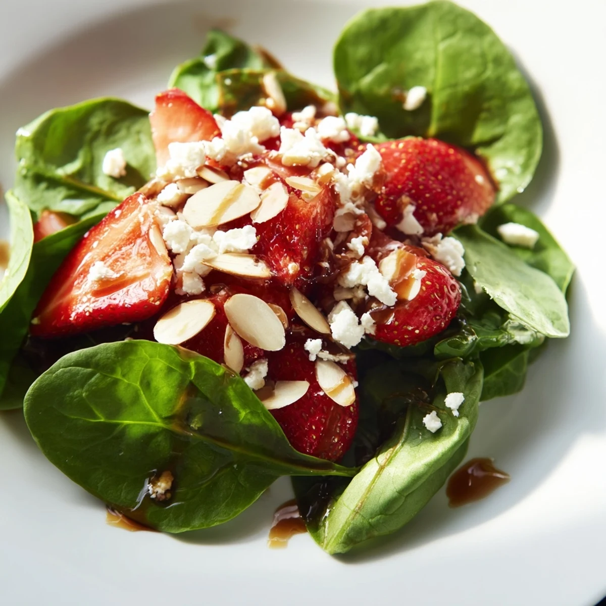 Fresh Strawberry Spinach Salad overflowing with a tangy balsamic dressing and toasted almonds, ready to serve.
