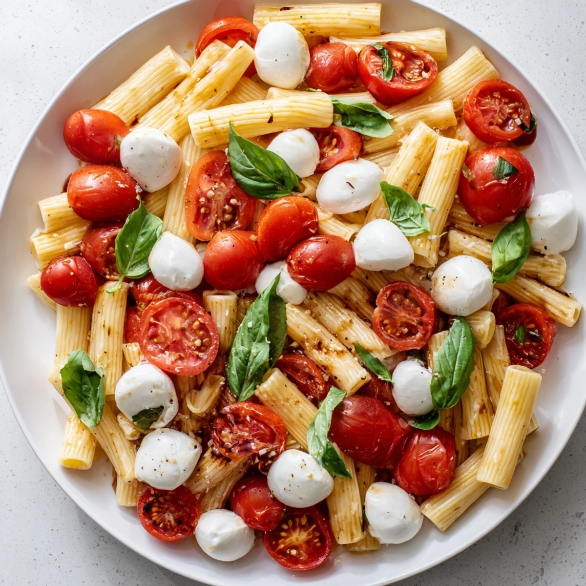 Vibrant Caprese Pasta Salad with ripe tomatoes, creamy mozzarella, and a light balsamic dressing.