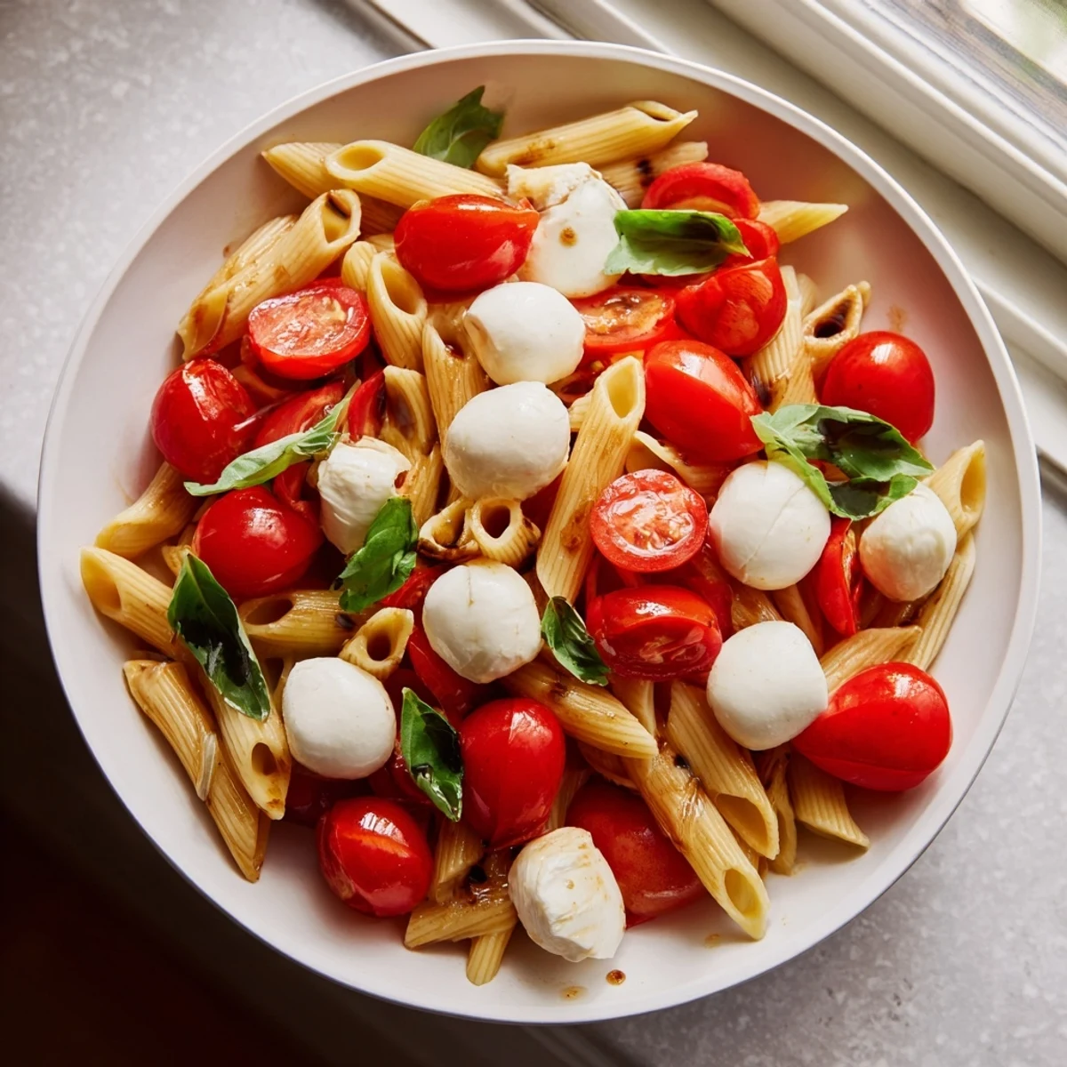 Al dente Caprese Pasta Salad, a delicious vegetarian meal bursting with fresh Italian flavors.