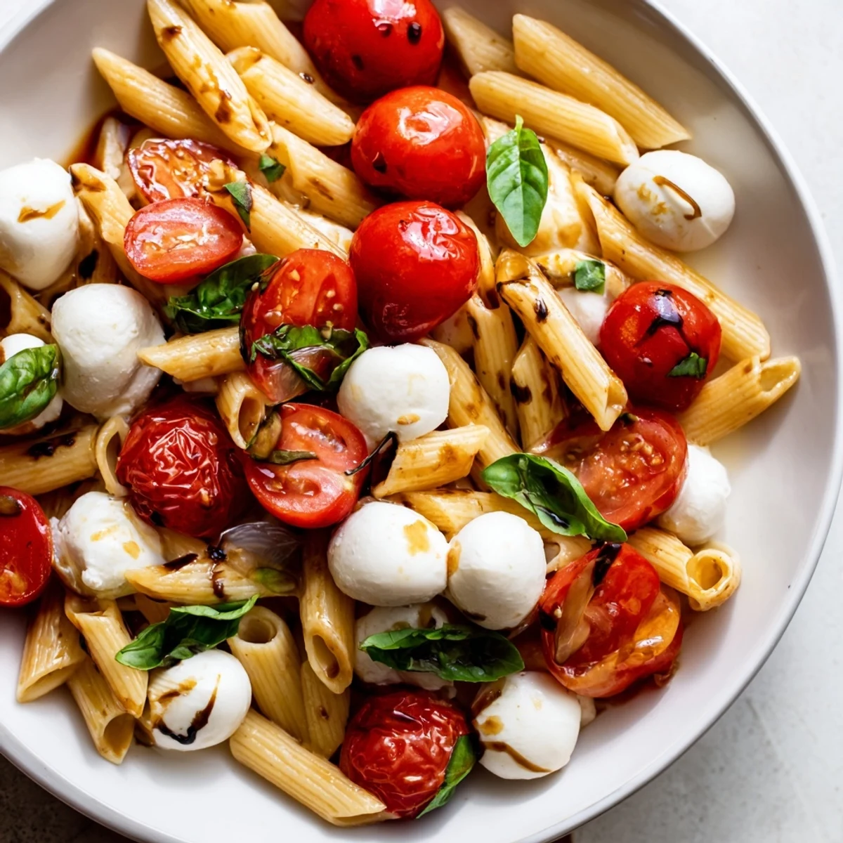 Refreshing Caprese Pasta Salad featuring pasta tossed with juicy tomatoes and creamy mozzarella.