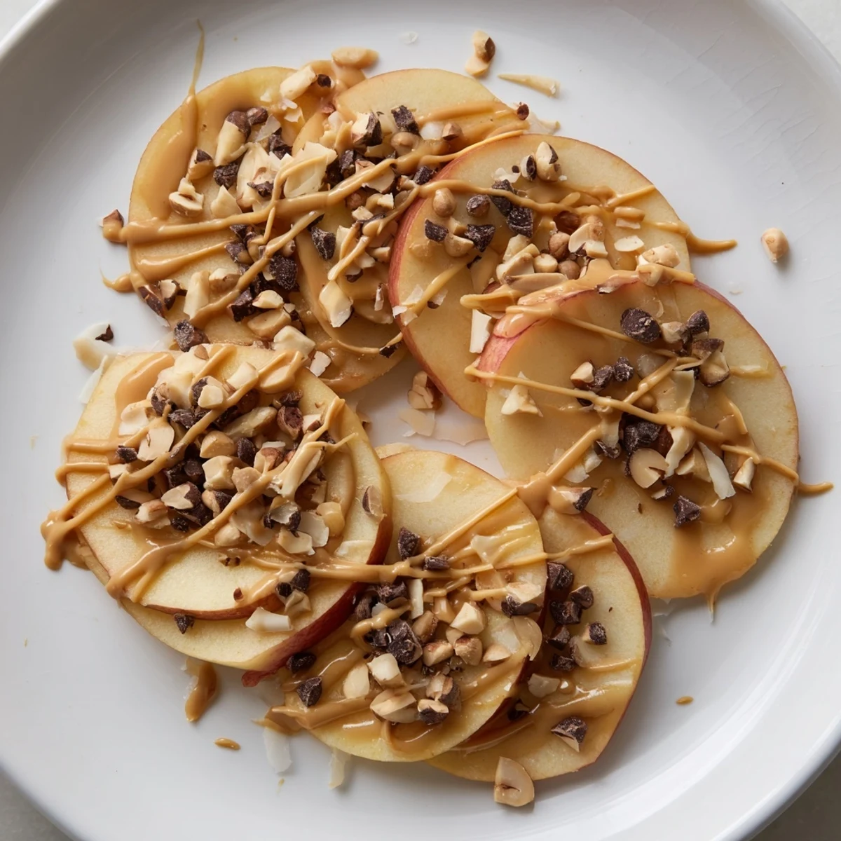 Sweet honey and roasted peanuts adorn a plate of delicious Peanut Butter Apple Nachos.