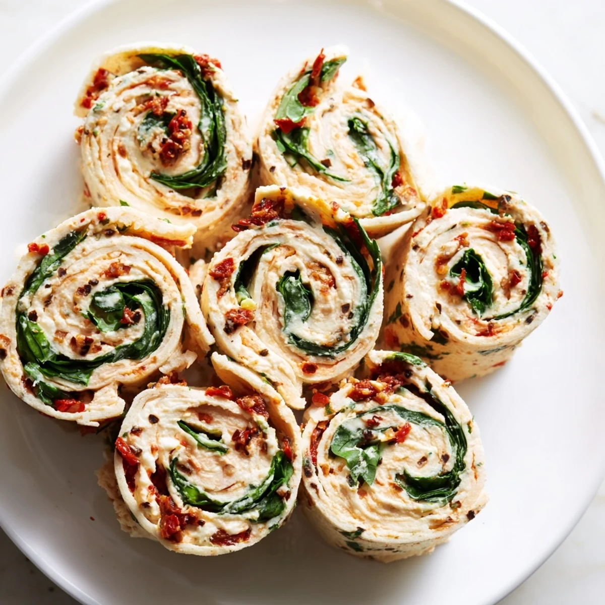 Creamy sun-dried tomato turkey roll-ups, a quick and easy Italian-inspired lunch with fresh spinach.