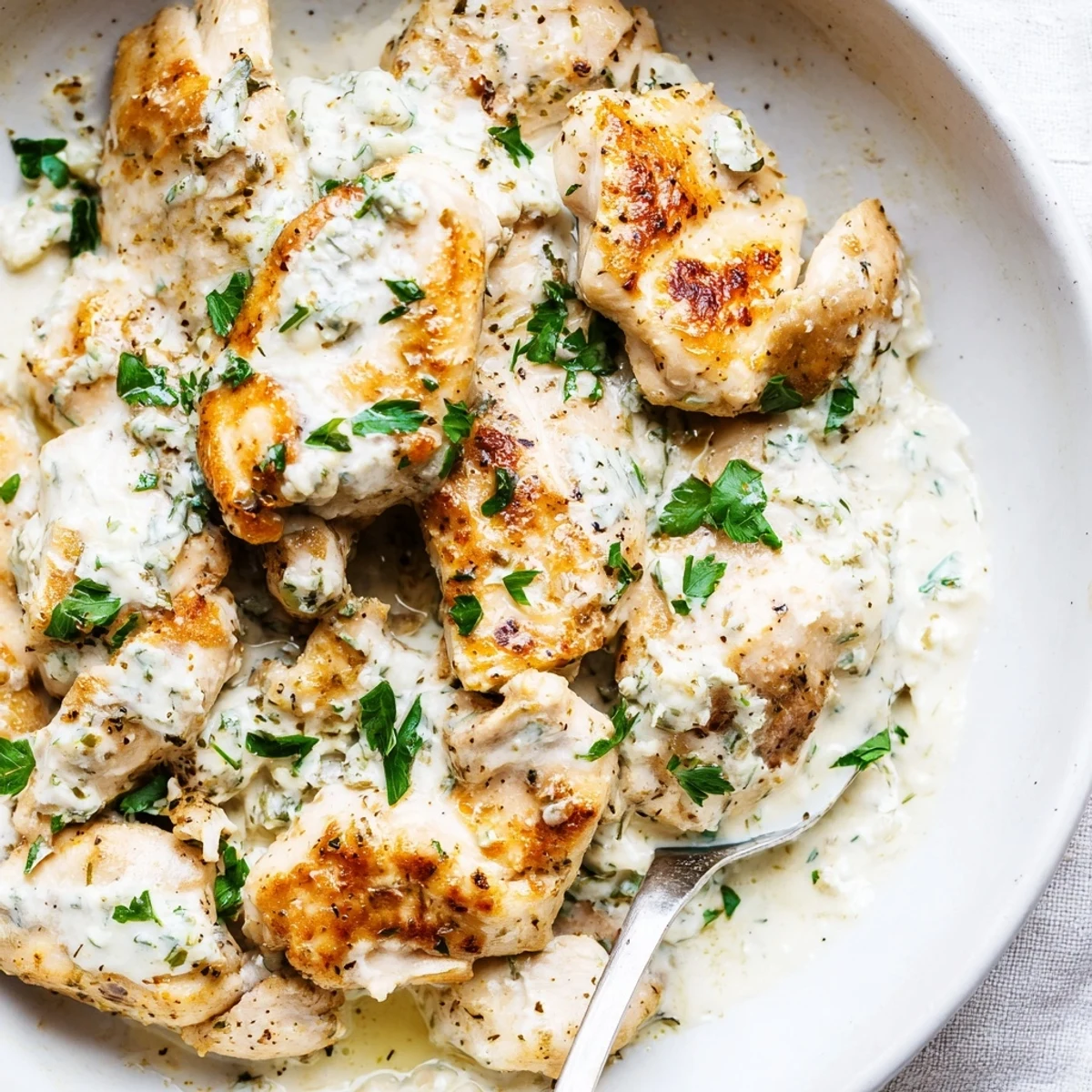 Close-up of succulent Greek yogurt chicken, showcasing tender meat and a vibrant, herbed marinade.