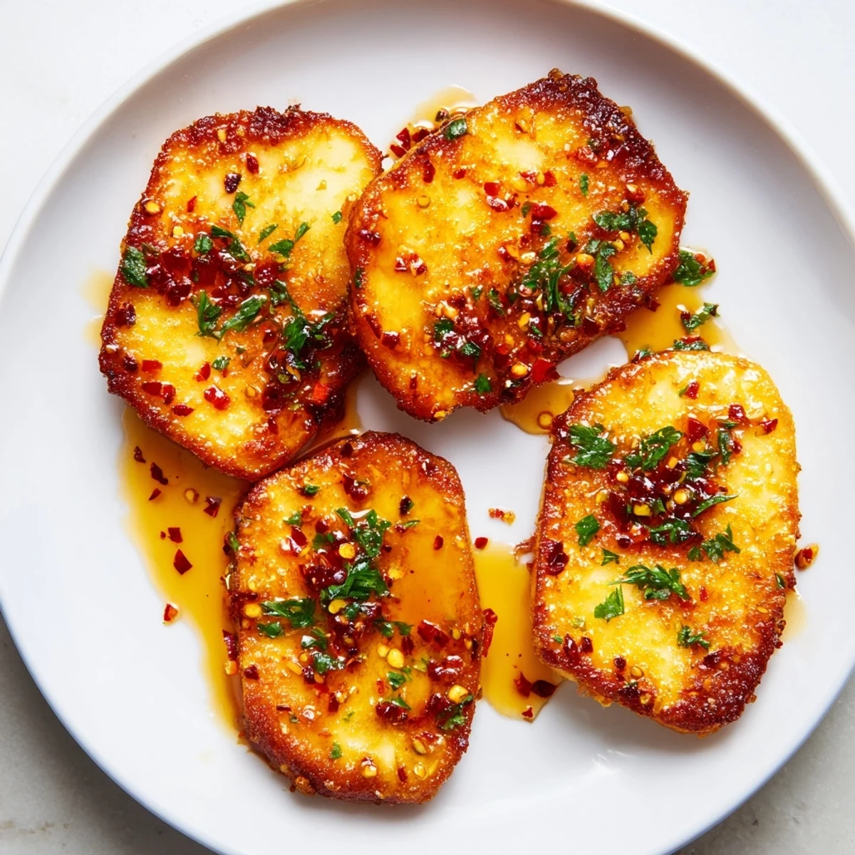 Golden, crispy Hot Honey Halloumi, glazed with spicy honey and ready to enjoy as a flavorful appetizer.