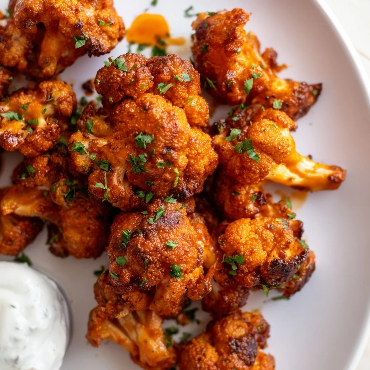 Golden-brown Buffalo Cauliflower Bites, crispy and coated in a spicy red buffalo sauce, ready to serve.