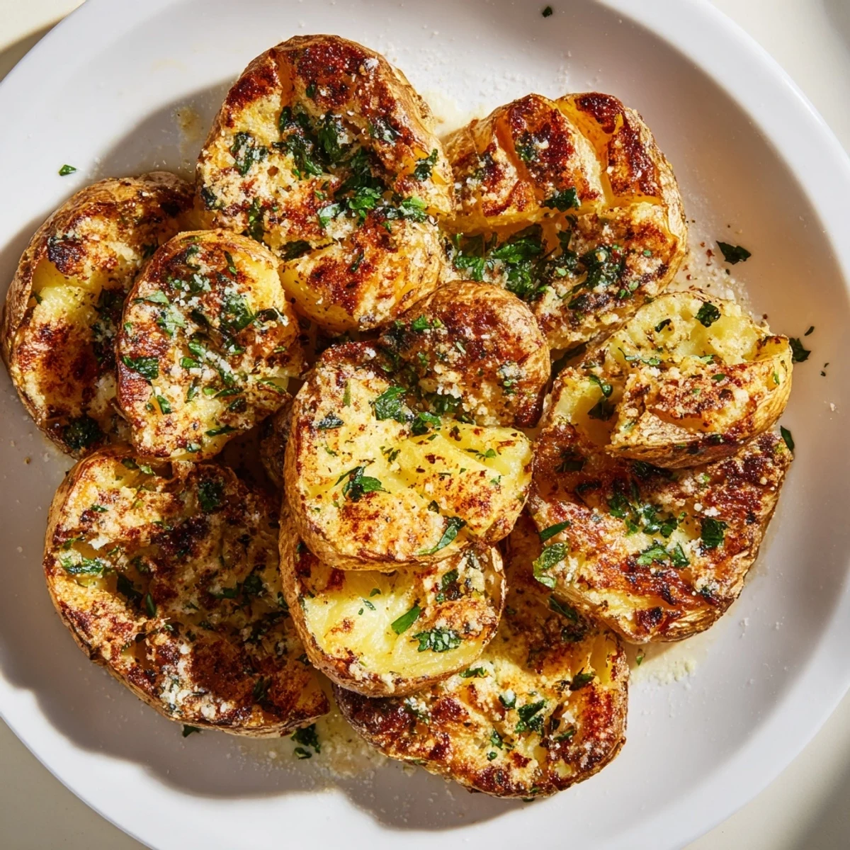 Golden, crispy Garlic Parmesan Potatoes are ready to eat, served on a baking sheet with parsley.