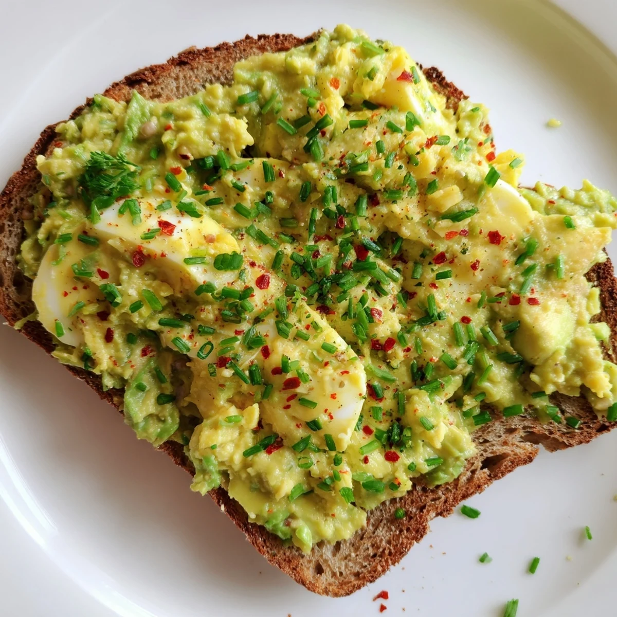 Savory avocado egg smash, garnished with chives, a quick and delicious light lunch idea.