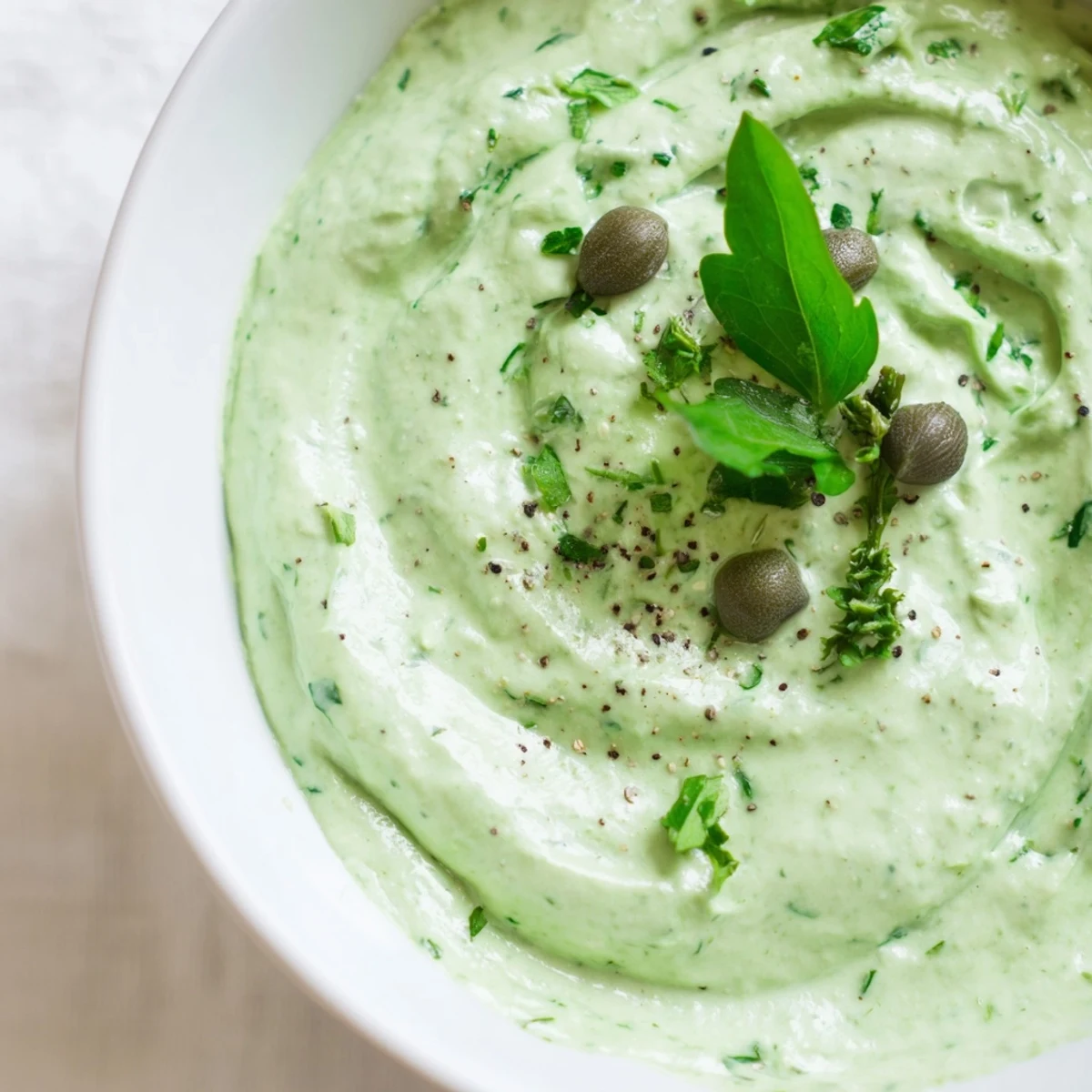 Bright-green Green Goddess dip, perfectly chilled and ready to serve, surrounded by colorful crudités.