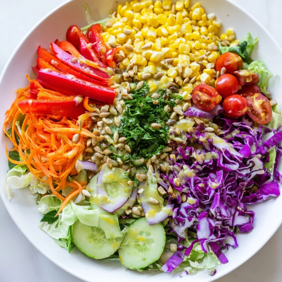A colorful Rainbow Salad with bell peppers, carrots, and a creamy tahini dressing, delicious!
