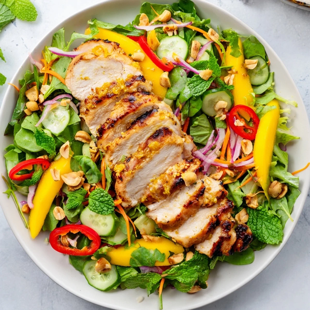 Thai Mango Chicken Salad: a flavorful, colorful plate of sliced chicken, mango, and fresh herbs.