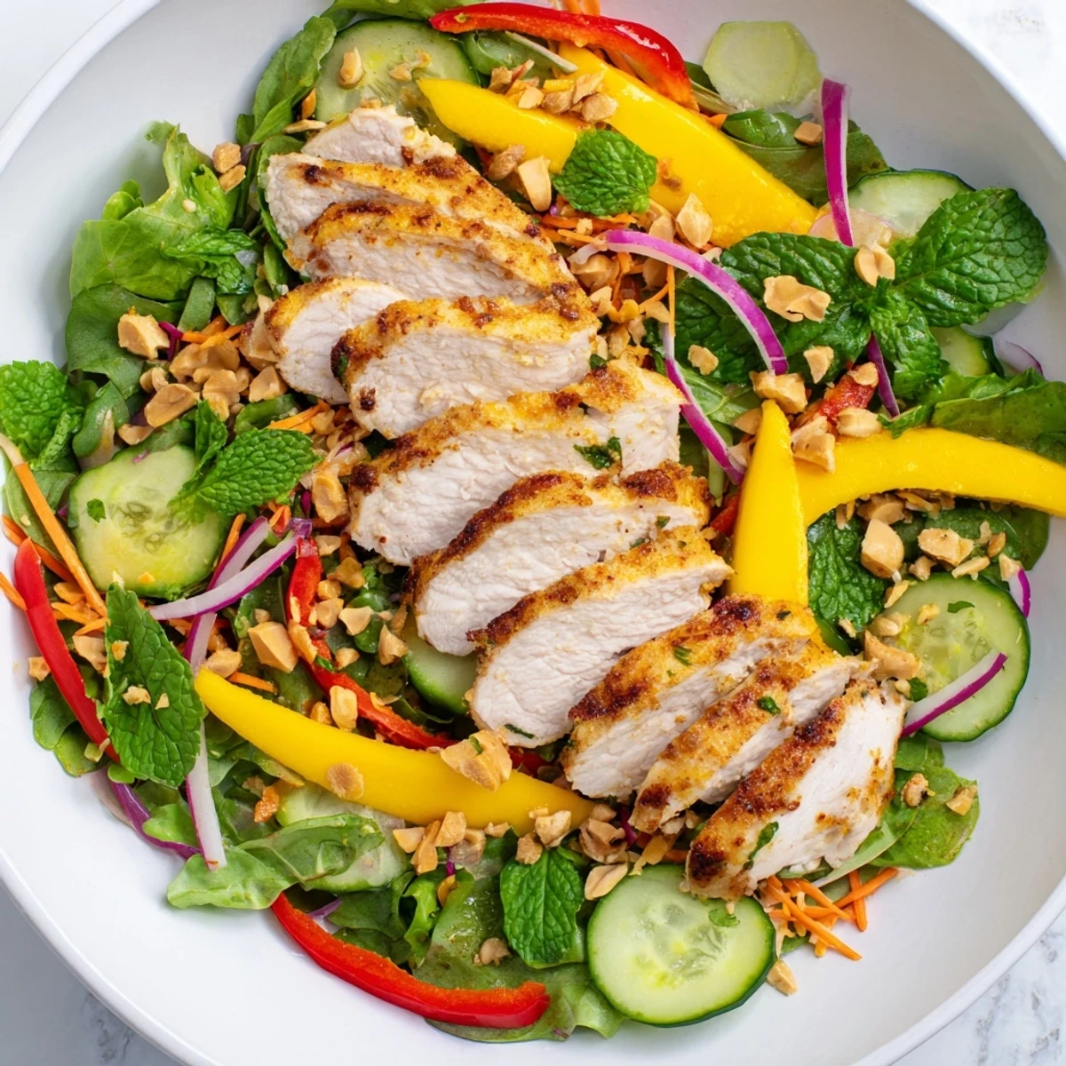 Enjoy this refreshing Thai Mango Chicken Salad, a fusion of sweet mango and savory chicken.