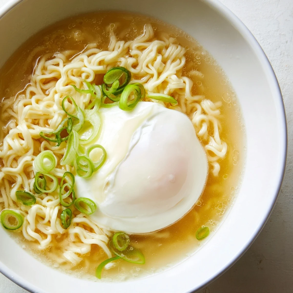 Steaming bowl of upgraded instant ramen with a perfectly cooked egg yolk and fresh scallions.