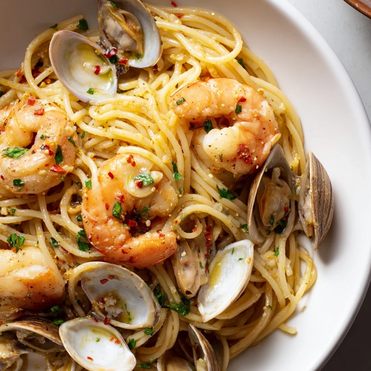 Steaming Seafood Pasta Aglio e Olio with plump shrimp and clams, ready for a delicious dinner.