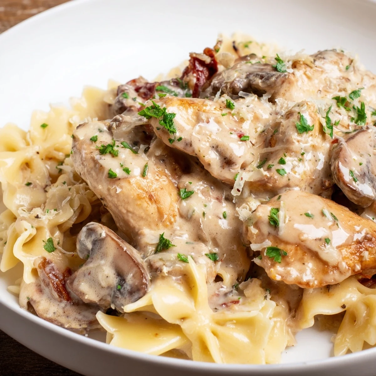A steaming bowl of creamy mushroom chicken pasta, garnished with fresh parsley, ready to enjoy.