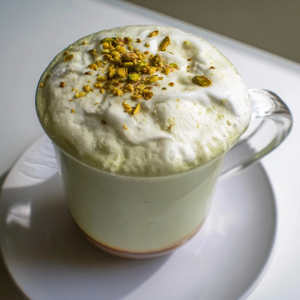 Steamy mug holds a beautiful, layered Pistachio Latte Cloud, topped with fluffy white cold foam.