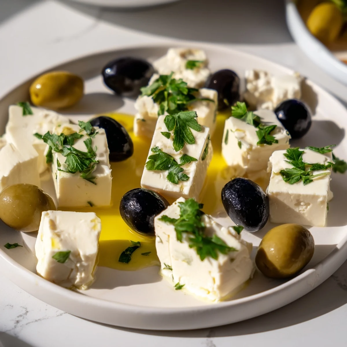 Arranged Turkish olives and cheese board overflowing with feta, Turkish white cheese, and warm pita.
