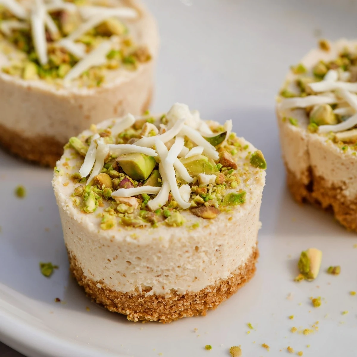 Bright green Pistachio Cheesecake Bites—creamy smooth filling atop a golden crumb crust, ready to enjoy.