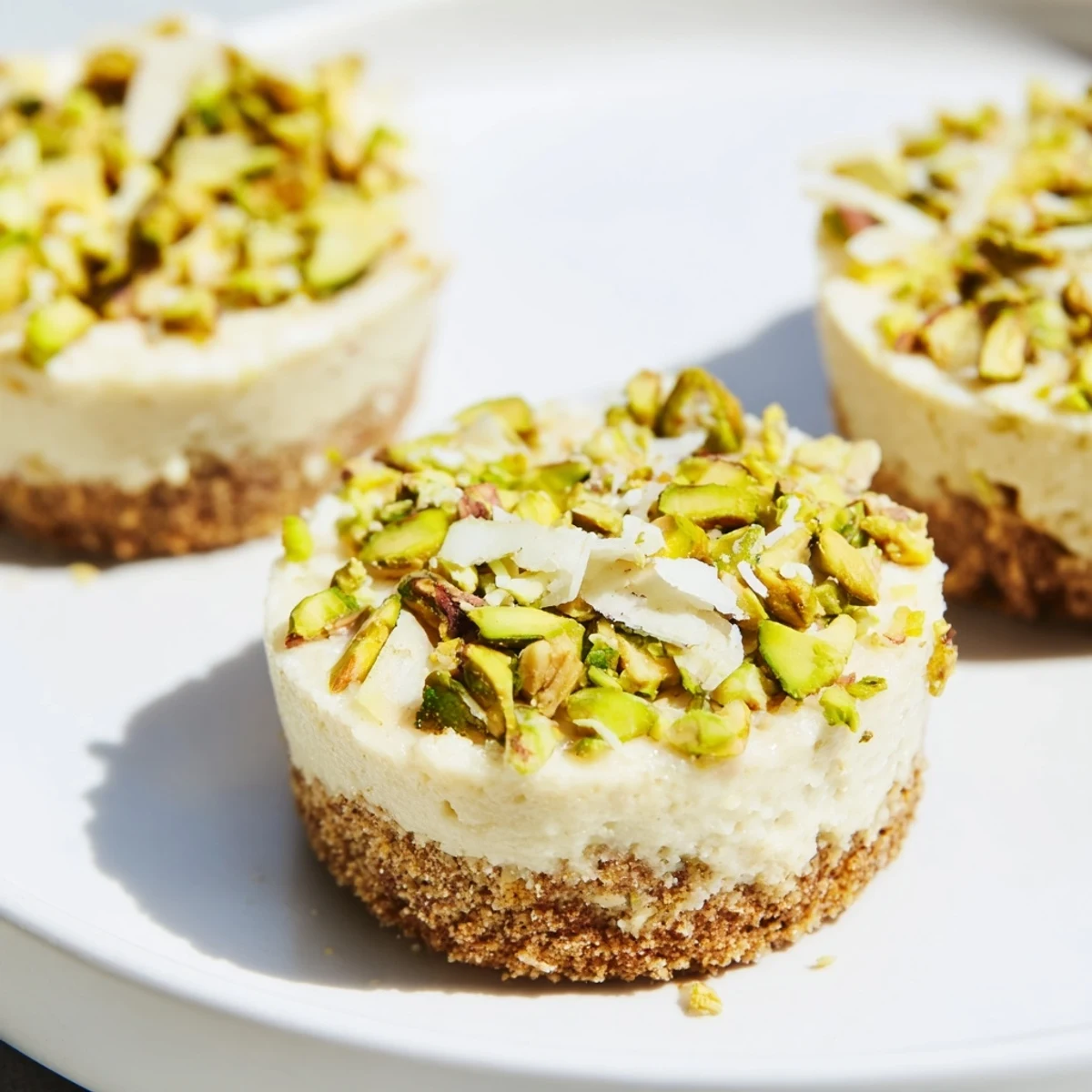 These elegant Pistachio Cheesecake Bites are artistically garnished with chopped pistachios—a perfect dessert bite.