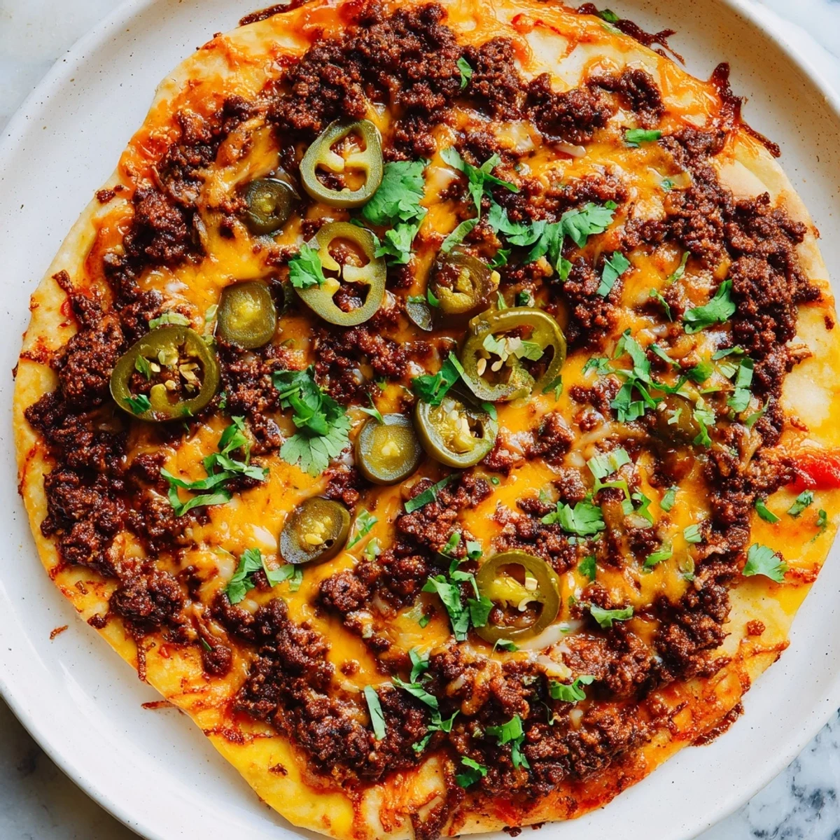 Close-up of a Spicy Ground Beef Pizza, overflowing with melted cheese and spicy meat.