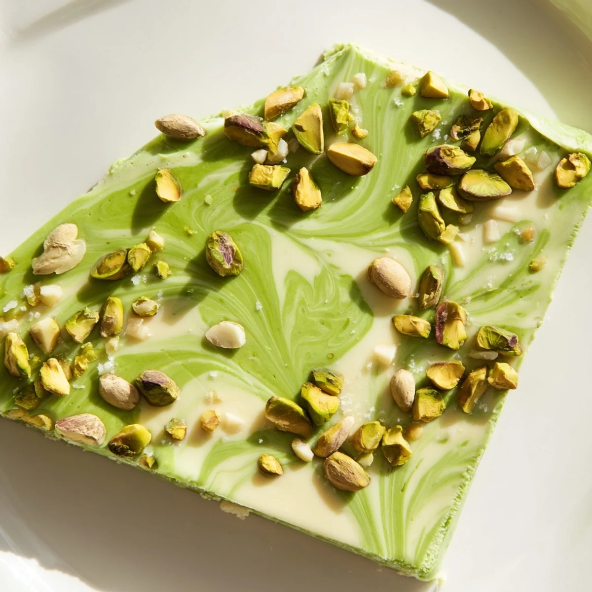 Creamy white chocolate Pistachio Matcha bark speckled with bright green matcha and chopped pistachios.