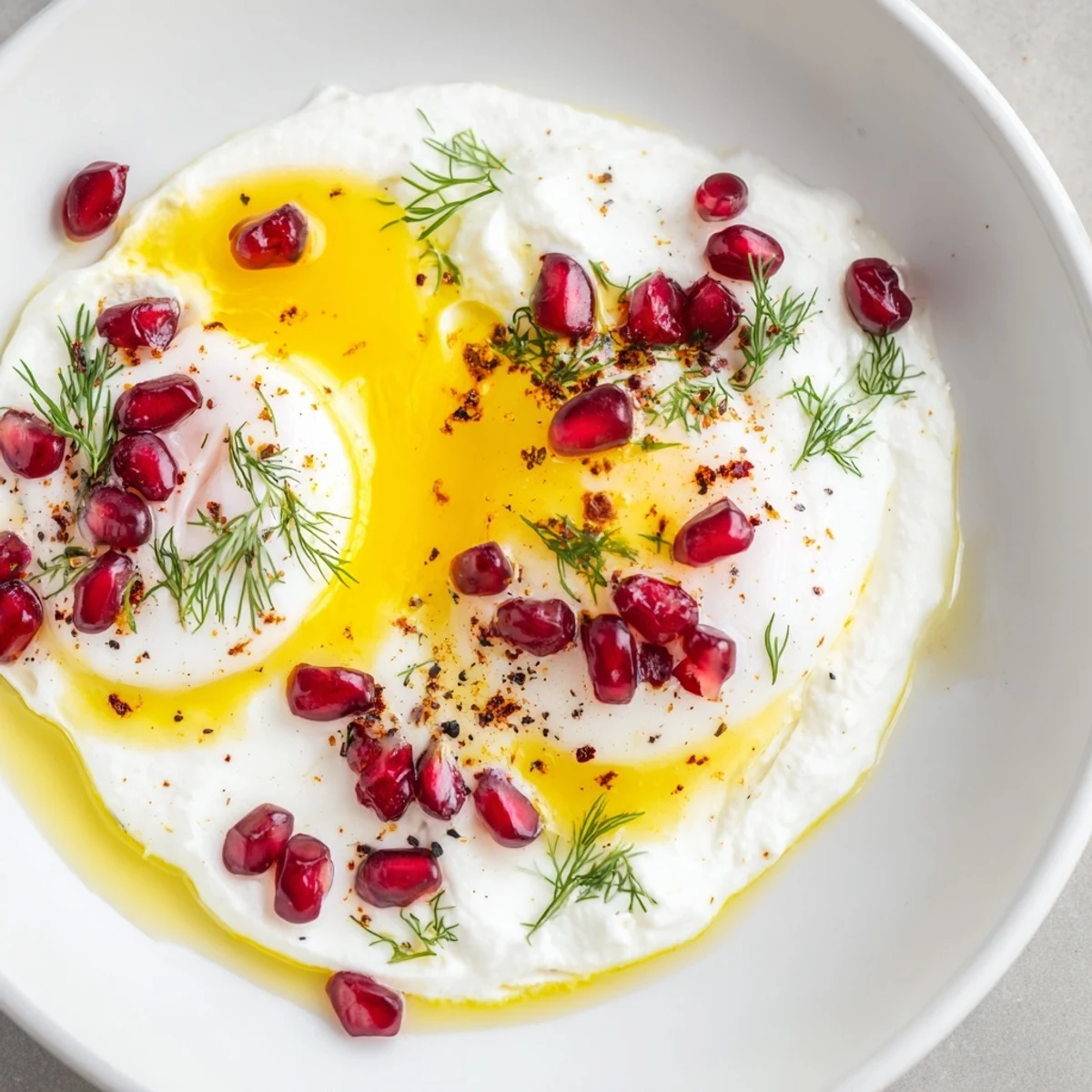 Bright Çılbır with runny yolks, sumac butter, and jewel-toned pomegranate glistening on top.