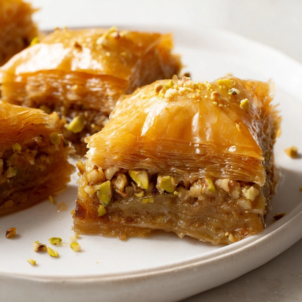 Golden, crispy Turkish Hazelnut & Pistachio Baklava, oozing with honey syrup, ready to enjoy.